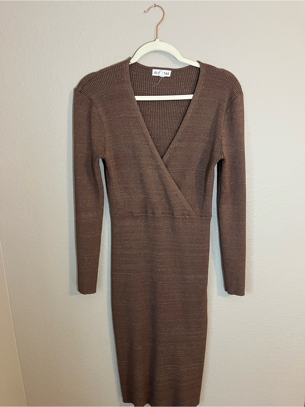 Olive + Oak Brown Ribbed Sweater Dress Faux Wrap V Neck Long Sleeve Large
